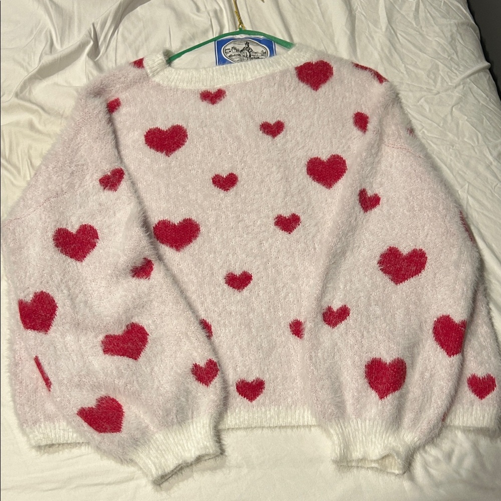 Cozy Heart Pattern Sweater - White and Red, Valentine’s Day